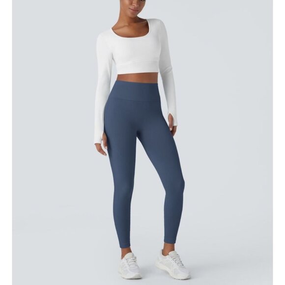 Halara Seamless Flow High Waisted Butt Lifting Leggings Sz Large 7/8 Navy Blue W - Picture 1 of 8